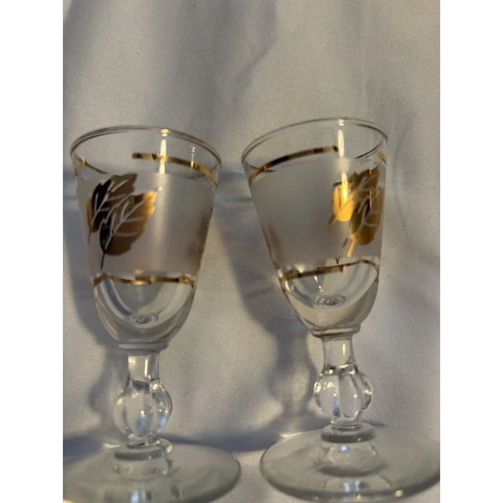 Libbey Shot Glasses Vintage Frosted Gold Leaf Design Clear Set of‎ 4